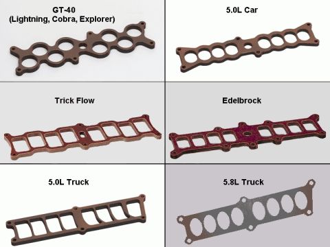 1986 Ford Bronco - Various intake manifold gaskets are displayed, with labels indicating different engine types and brands.