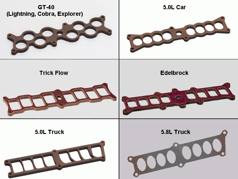 Six intake manifold gaskets shown in a grid layout, labeled GT-40, 5.0L Car, Trick Flow, Edelbrock, 5.0L Truck, and 5.8L Truck