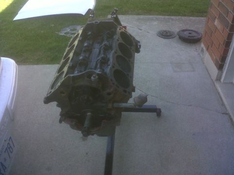 1989 Ford Mustang - Engine block on a stand, part of a larger project.