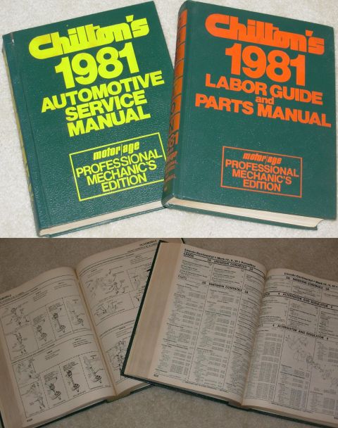 2004 Land Rover Land Rover - Chilton's 1981 Automotive Service Manual and Labor Guide and Parts Manual are shown. The manuals are open to pages with diagrams and tables.