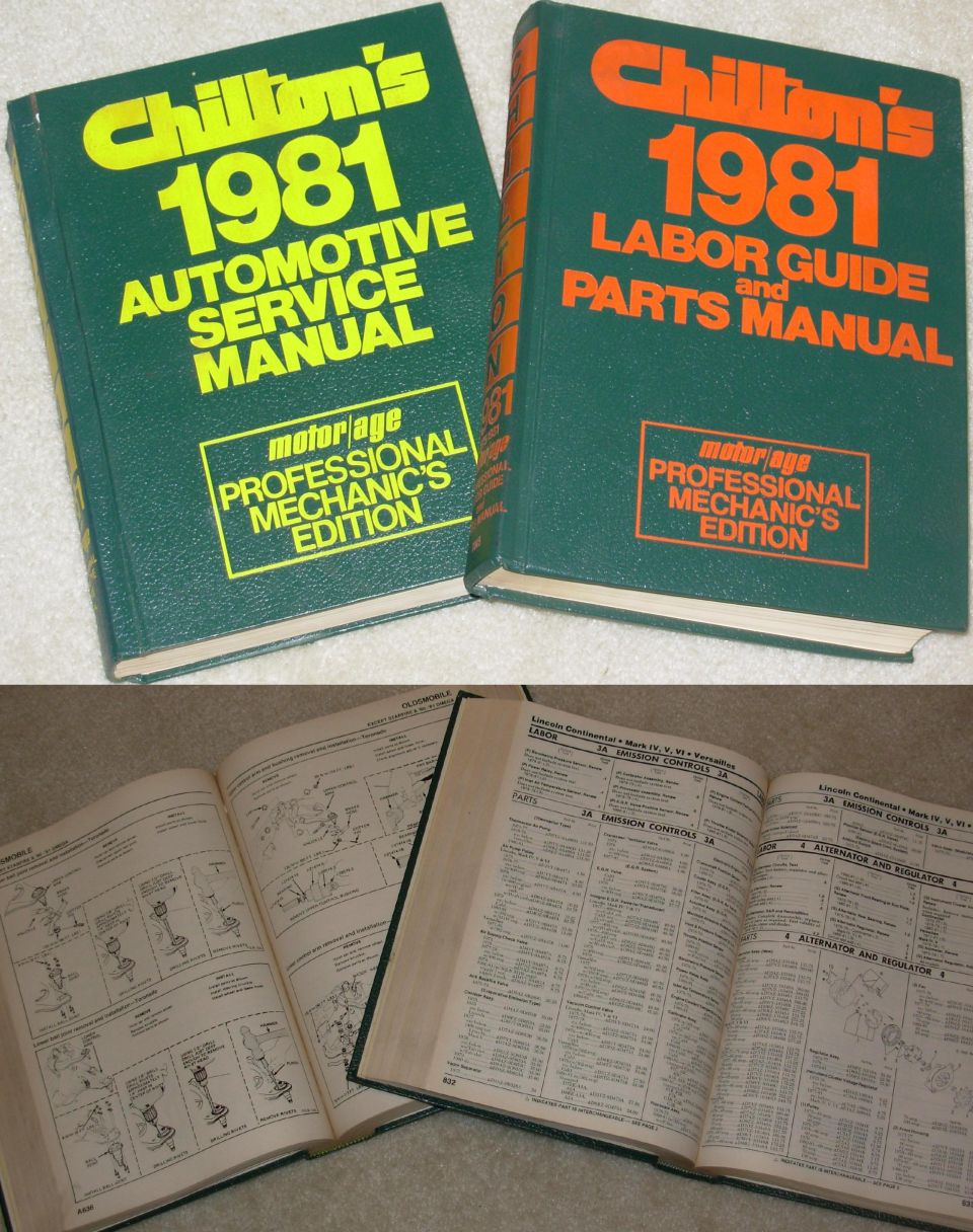 Two Chilton's 1981 automotive service and parts manuals, one open to diagrams, the other to tables