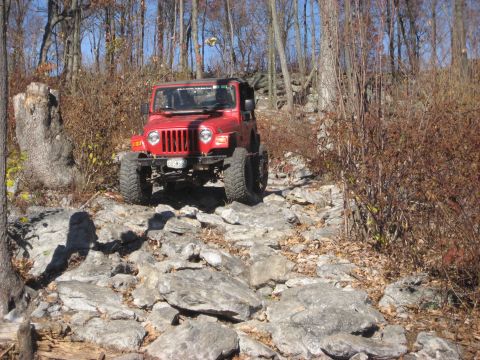 1991 Ford Bronco - A red Jeep Wrangler navigates a challenging rocky off-road trail surrounded by trees.