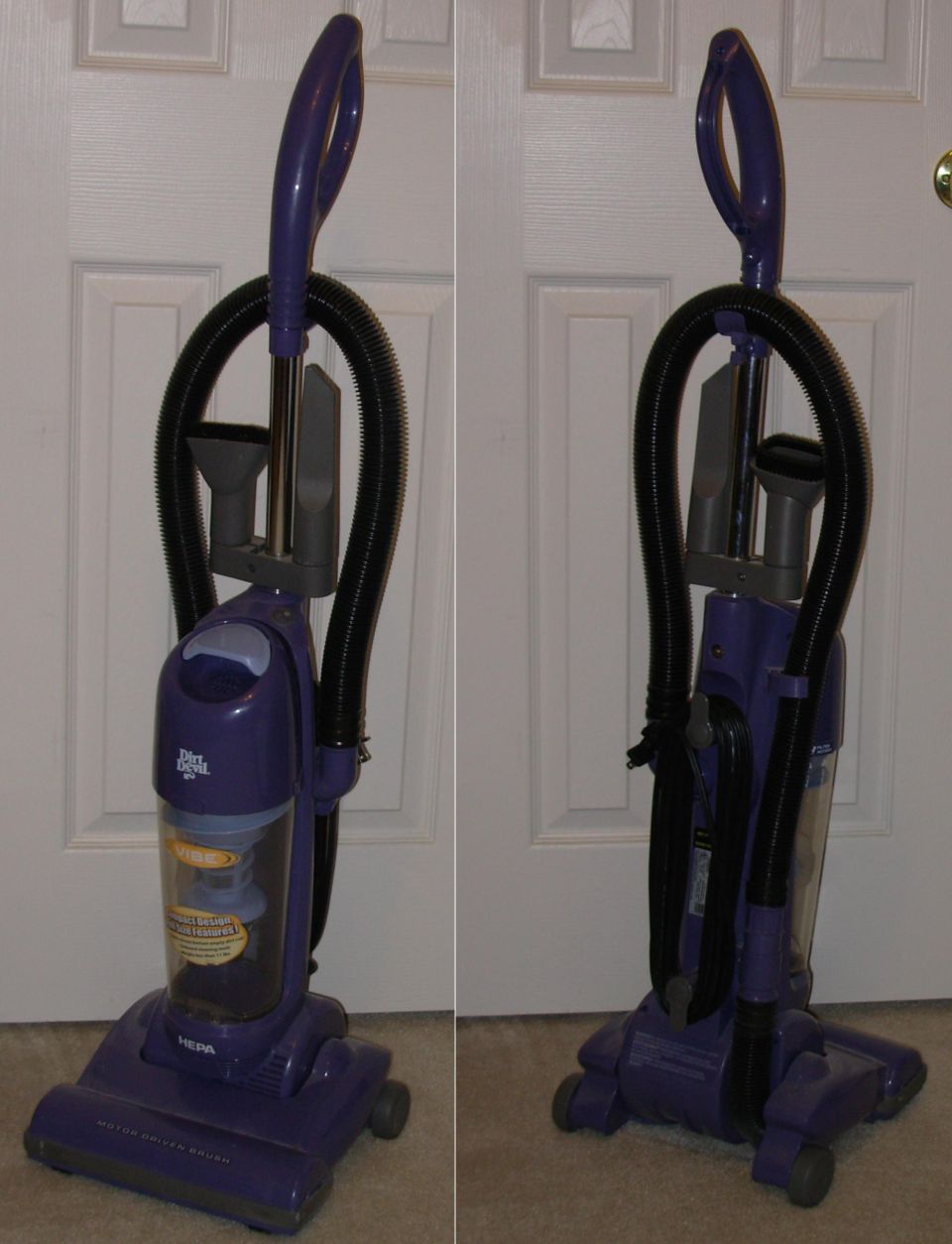 Purple Dirt Devil upright bagless vacuum cleaner shown front and back