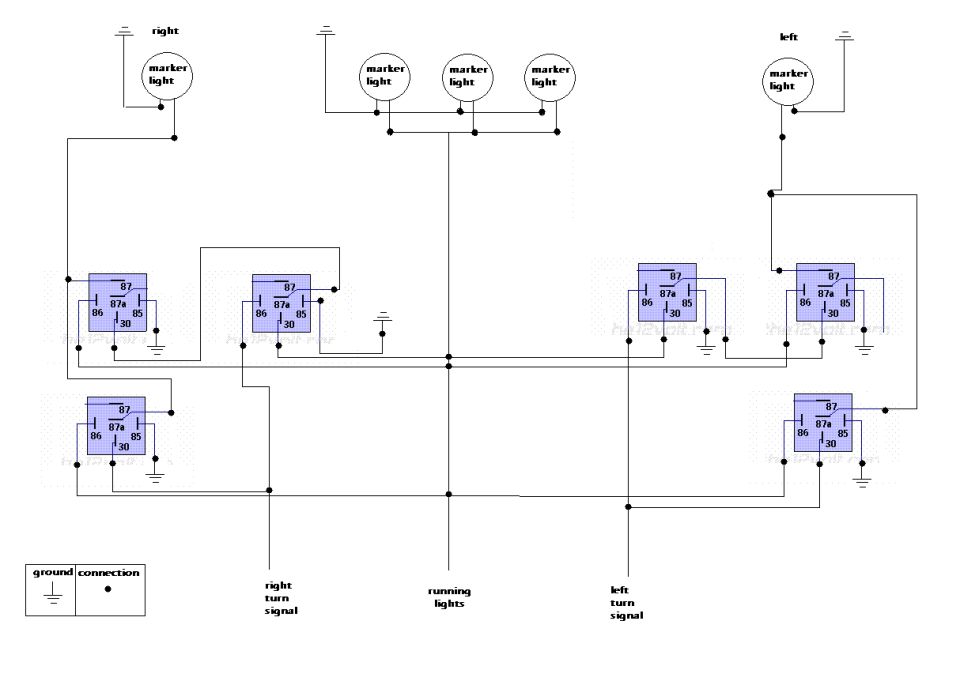 Schematic diagram of a vehicle lighting circuit with relays and marker lights.
