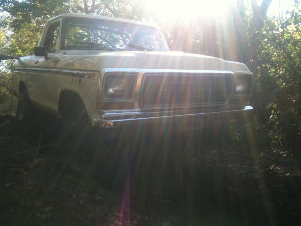 Tan 1979 Ford F-Series pickup truck, 3q-front view, in wooded area
