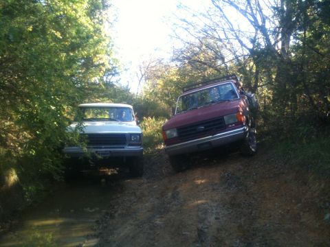 1978 Ford Bronco - Two trucks navigate a muddy trail through a wooded area on a sunny day.