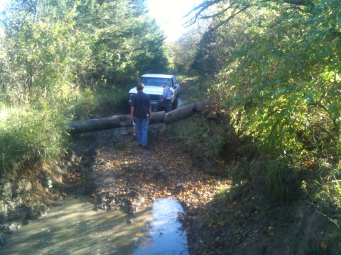 1978 Ford Bronco - A white SUV navigates a muddy trail, crossing over a large culvert pipe surrounded by dense foliage.