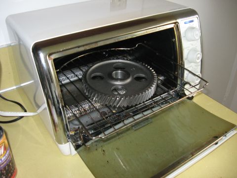 1981 Ford Bronco - To help the cam gear to slide on easier, I put it in the oven for a half hour at 300*. It helped to expand the metal a little.
