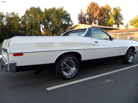 1973 Ford Ranchero - This white 1973 Ford Ranchero pickup truck is shown from a 3q-front angle.