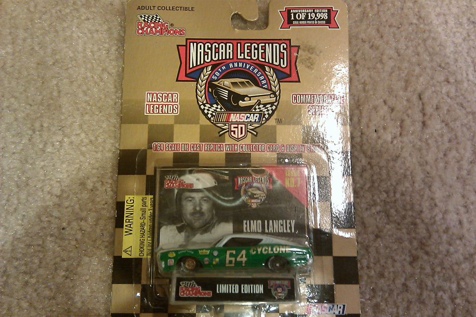 Die-cast toy race car, "Elmo Langley" and "Cyclone 64" text, in "NASCAR Legends" packaging