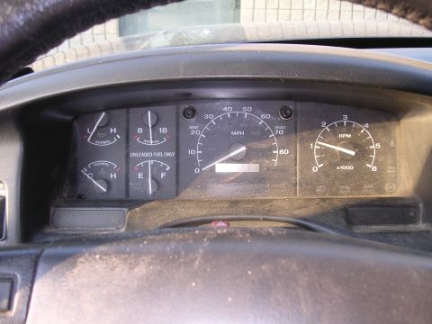 1995 Ford Bronco - Interior view of the dashboard gauges for a 1995 Ford Bronco, including the speedometer and tachometer.