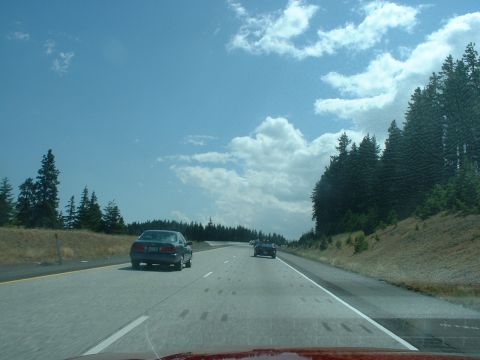 1999 Ford Crown Victoria - Two cars drive on a highway under a partly cloudy sky, with dense trees lining the right side of the road.