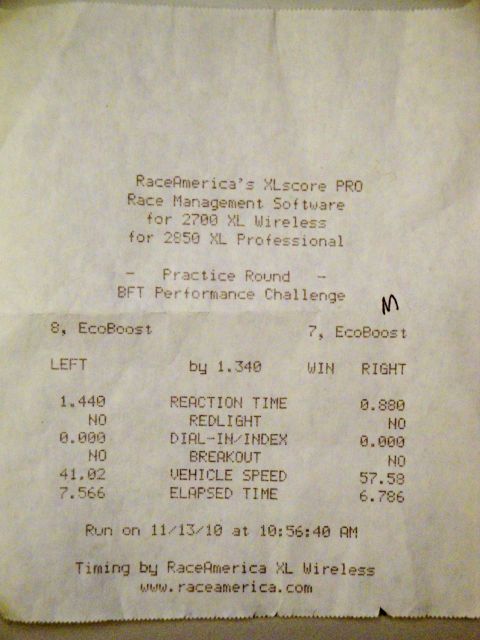 1993 Ford Taurus - A RaceAmerica XL score document details drag race results from 11/13/10.