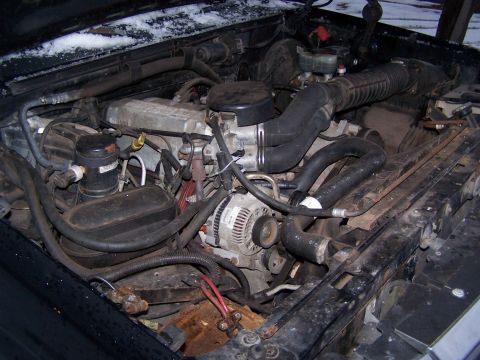 1996 Ford Bronco - Close-up view of the engine compartment, showing various components and hoses. Snow is visible on the hood.