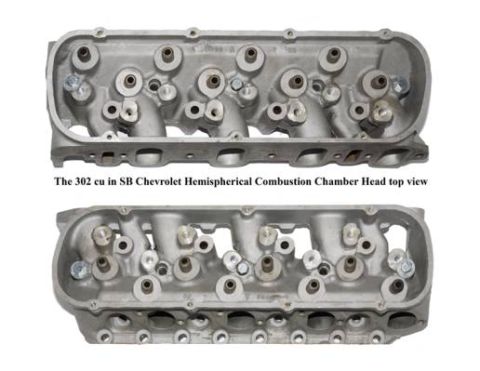 1972 Ford Ranchero - Two aluminum engine cylinder heads are shown from a top-down perspective, identified as 302 cubic inch Small Block Chevrolet Hemispherical…