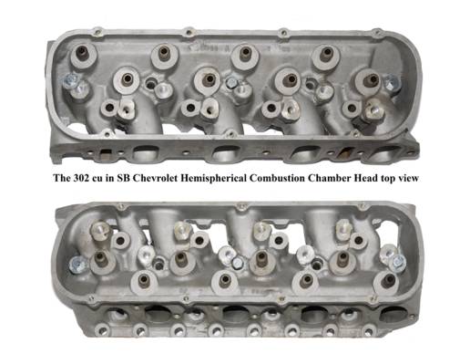 Top view of two aluminum engine cylinder heads, labeled as 302 cu in SB Chevrolet Hemispherical Combustion Chamber Heads