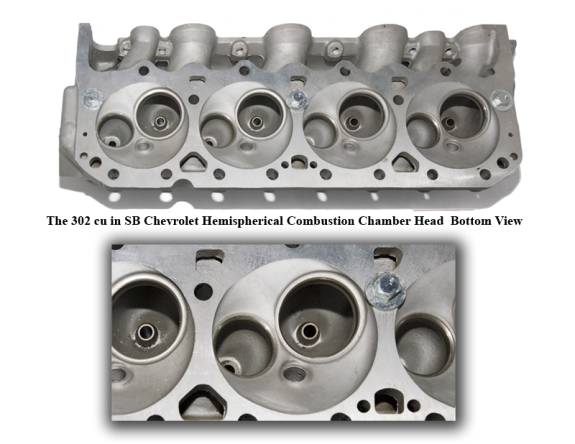 Close-up of a Chevrolet 302 cu in hemispherical combustion chamber head, bottom view