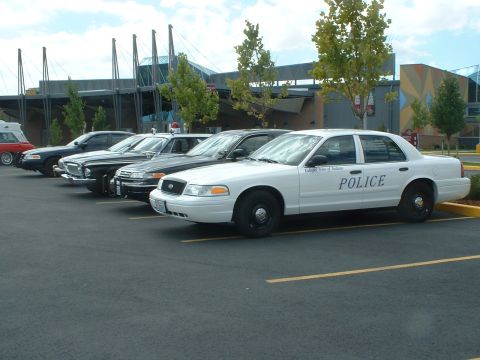 1999 Ford Crown Victoria - A line of police vehicles, including a white Ford Crown Victoria, are parked in a lot with a building in the background.