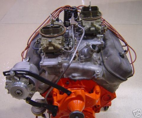 1972 Ford Ranchero - A V8 engine with dual carburetors and an alternator is shown from the front-right angle.