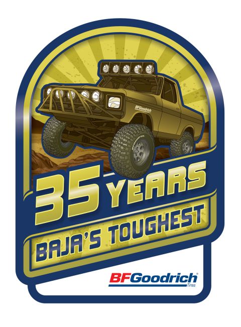 1990 Ford Bronco - BFGoodrich promotional badge depicting an off-road truck with the text 35 Years Baja's Toughest.