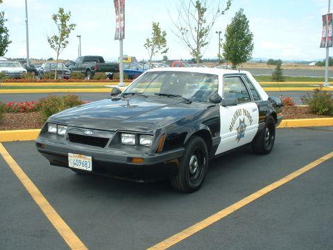 1999 Ford Crown Victoria - This 1987 Ford Mustang SSP police car is parked in a lot, displaying its official markings.