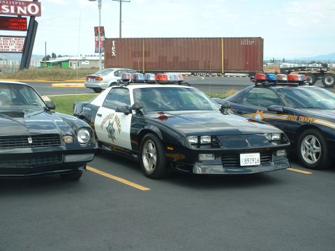 1999 Ford Crown Victoria - Two police cruisers, a black Camaro and a dark blue sedan, are parked side-by-side in a parking lot.