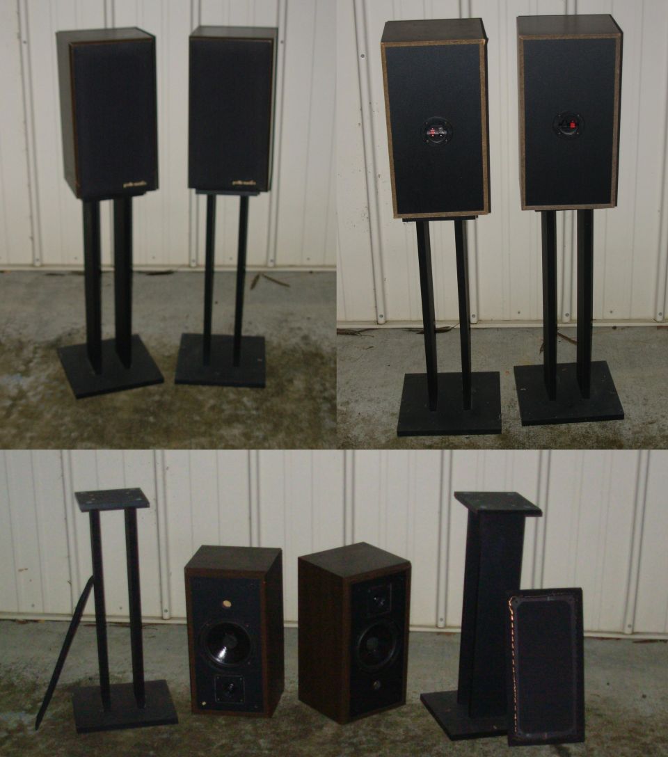 Pair of bookshelf speakers on black floor stands shown from several angles