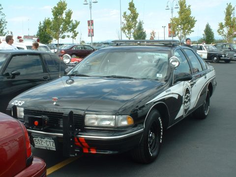 1999 Ford Crown Victoria - Police car with push bumper and light bar, parked in a lot with other vehicles.