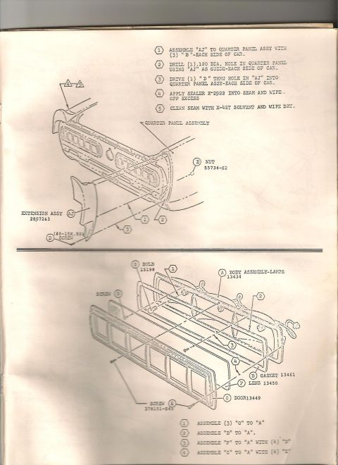 1968 Shelby GT500 - Assembly diagram for a vehicle's tail light system, detailing parts and installation steps.