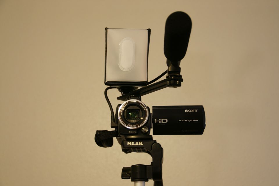 Sony Handycam camcorder with microphone and light diffuser