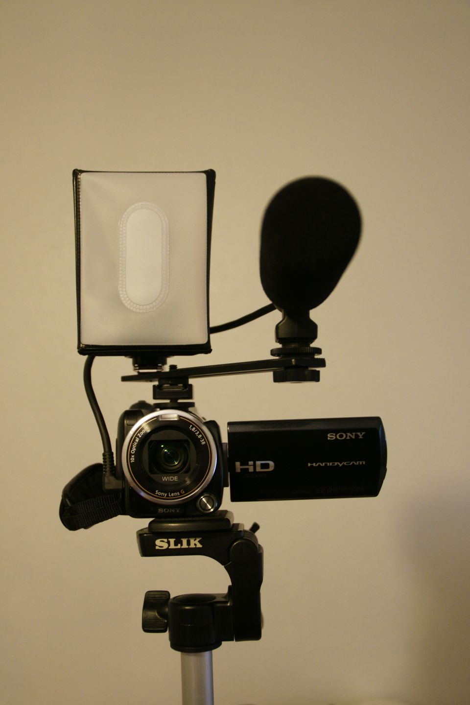 Sony Handycam with microphone and light attached