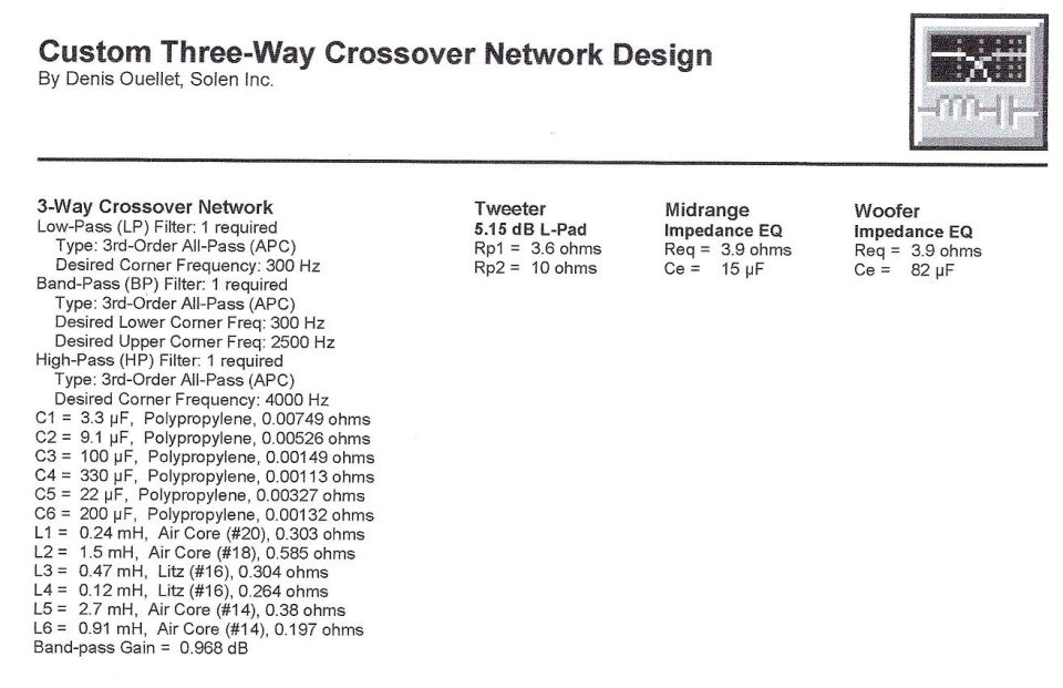 Custom three-way crossover network design specification sheet