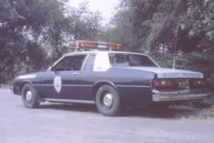 1991 Ford LTD Crown Victoria - This police car has a light bar and markings indicating it is a State Trooper vehicle.