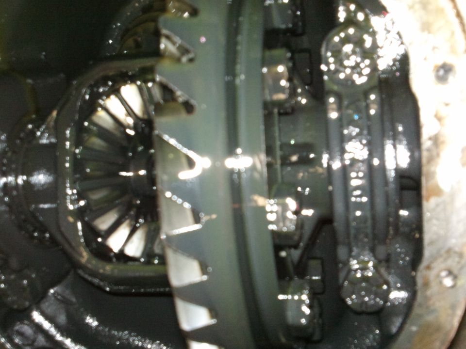 close-up of differential gears with oil