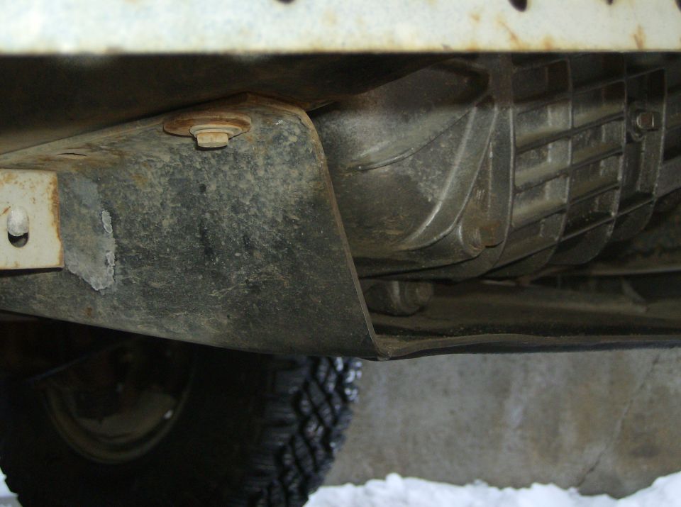 Underside view of vehicle transmission and frame