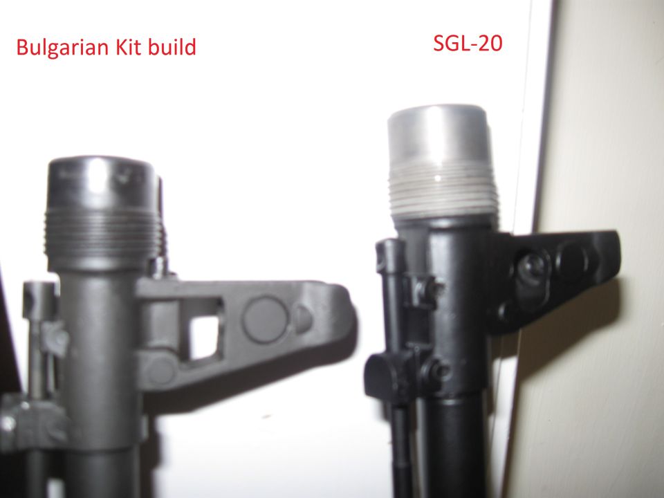 Two rifle front sight assemblies, one gray, one black, labeled 'Bulgarian Kit build' and 'SGL-20'