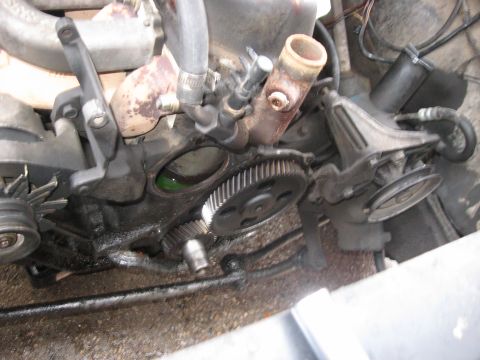 1981 Ford Bronco - Timing cover and water pump removed. Now had access to the timing gears.