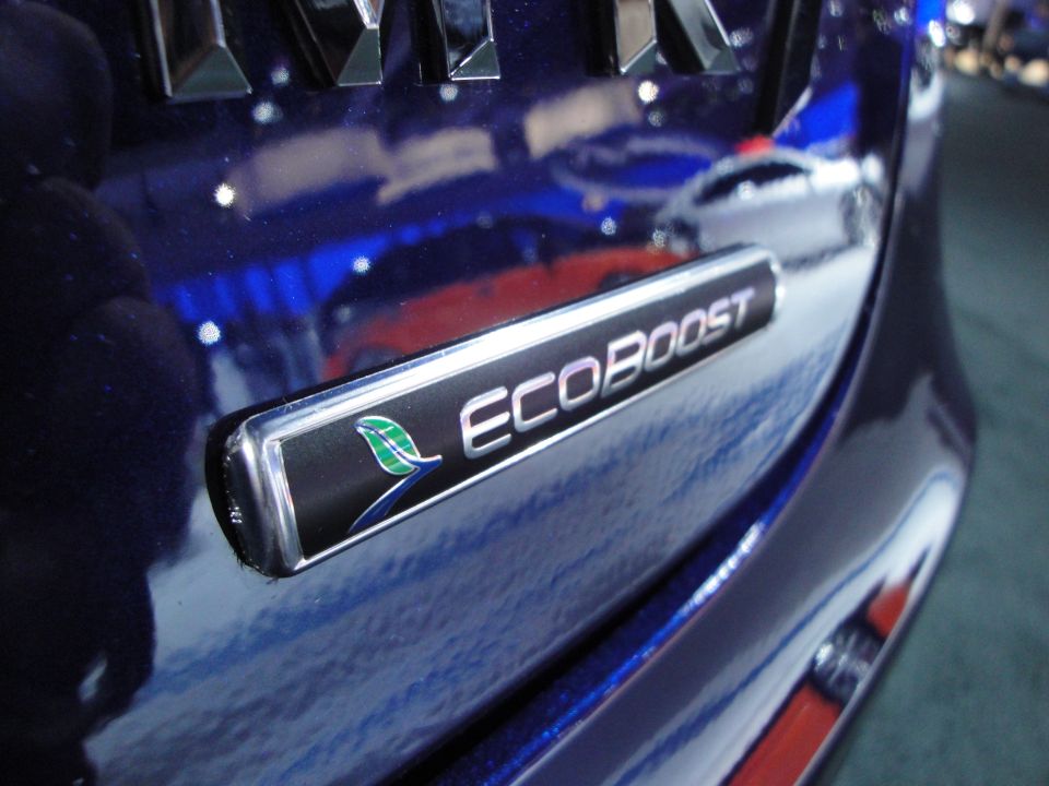 Close-up of a blue vehicle's ECOBOOST emblem