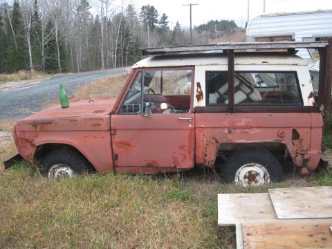 1981 Ford Bronco - This weathered Ford Bronco sits in tall grass, showing significant rust and a makeshift roof rack.