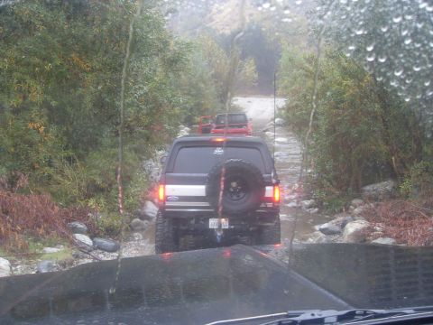 1979 Ford Bronco - A convoy of SUVs navigates a challenging, water-logged trail surrounded by dense foliage.