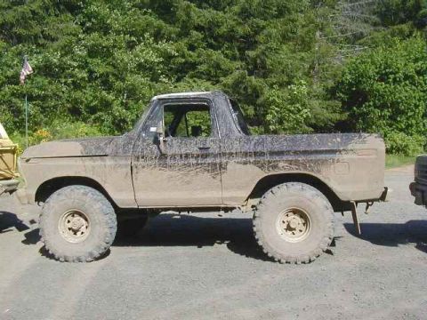 1978 Ford Bronco - This heavily soiled SUV is shown from the side, with trees and foliage in the background.
