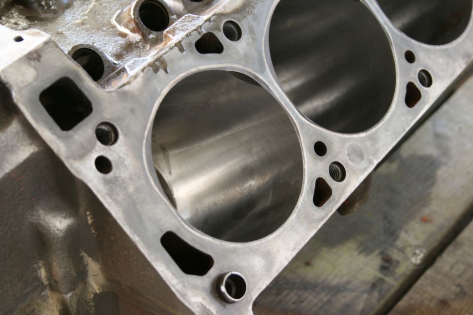 Close-up of cylinder bores and head deck on an engine block