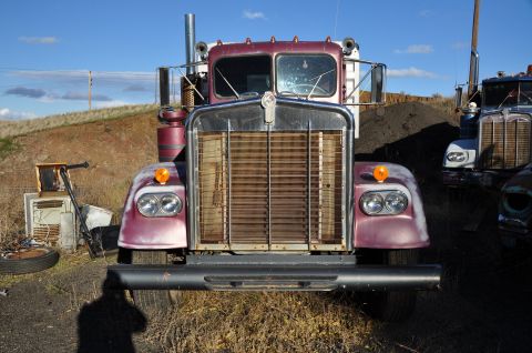 1959 Kenworth W900A - Two old semi-trucks are parked outdoors in a dry, grassy area under a blue sky.