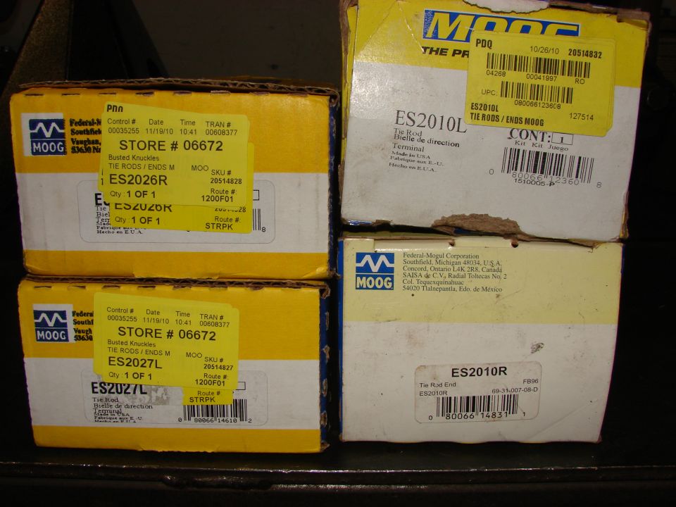 Four boxes of Moog steering and suspension parts, including tie rod ends and ball joints