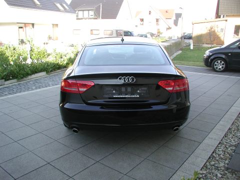2010 Audi A4 - Black Audi A5 sedan seen from the rear. The car is parked on a paved driveway with houses in the background.