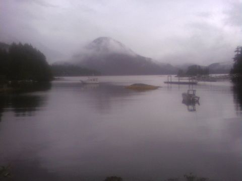 1989 Ford Bronco - A misty lake scene with several boats and mountains in the background.