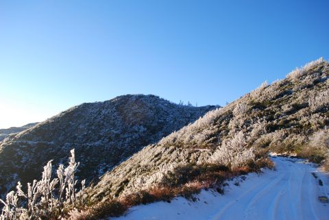 1996 Ford Bronco - A dirt road covered in snow and frost leads up a mountain under a clear blue sky.