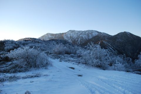 1996 Ford Bronco - A winter scene unfolds with snow-covered mountains and trees along a winding path.
