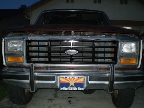 1982 Ford Bronco - Front view of a 1982 Ford F-Series truck grille and bumper with an Arizona license plate.