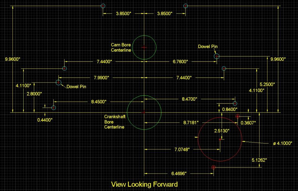 CAD dimensioned drawing of cam and crankshaft bore centerlines with bore diameter, view looking forward